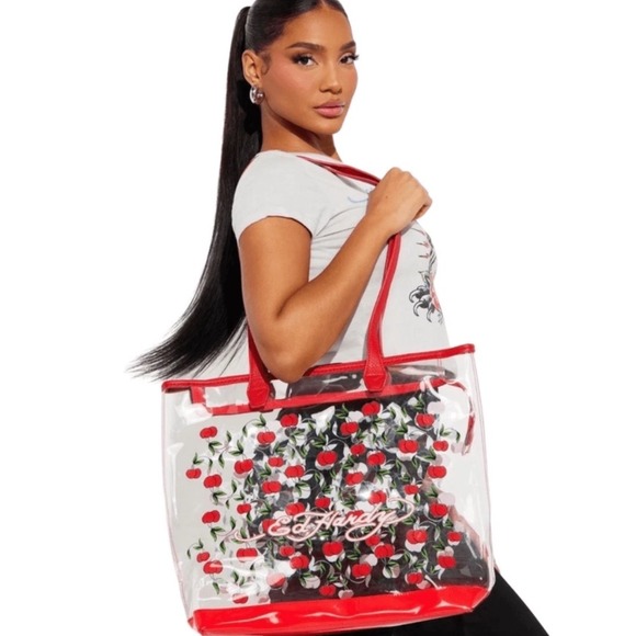 Ed Hardy Clear Tote Bag Red Cherries Y2K Fashion Purse Handbag New with Tags - Picture 1 of 7
